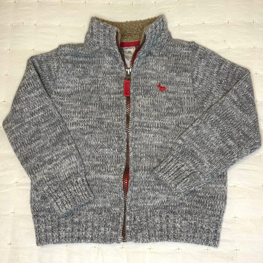 Carter's Zip Up Cardigan Sweater Boys 4T Gray Marled Knit Reindeer Embroidery